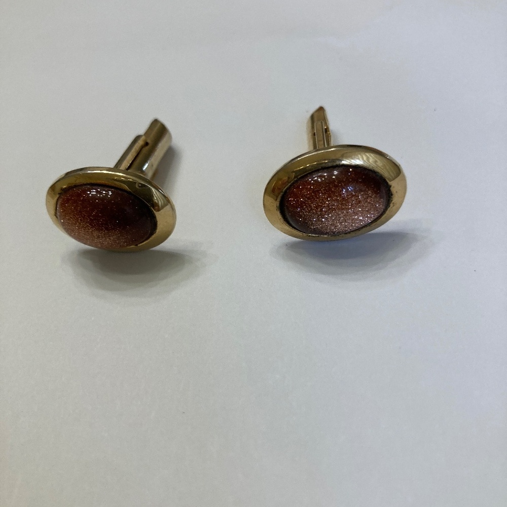 Cuff Links Goldstone Oval Gold Tone Mid Century Modern Vintage